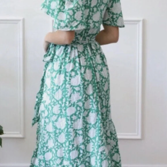 Mille Green Floral Print Cotton Wrap Maxi Helena Dress Sz M - Picture 2 of 9